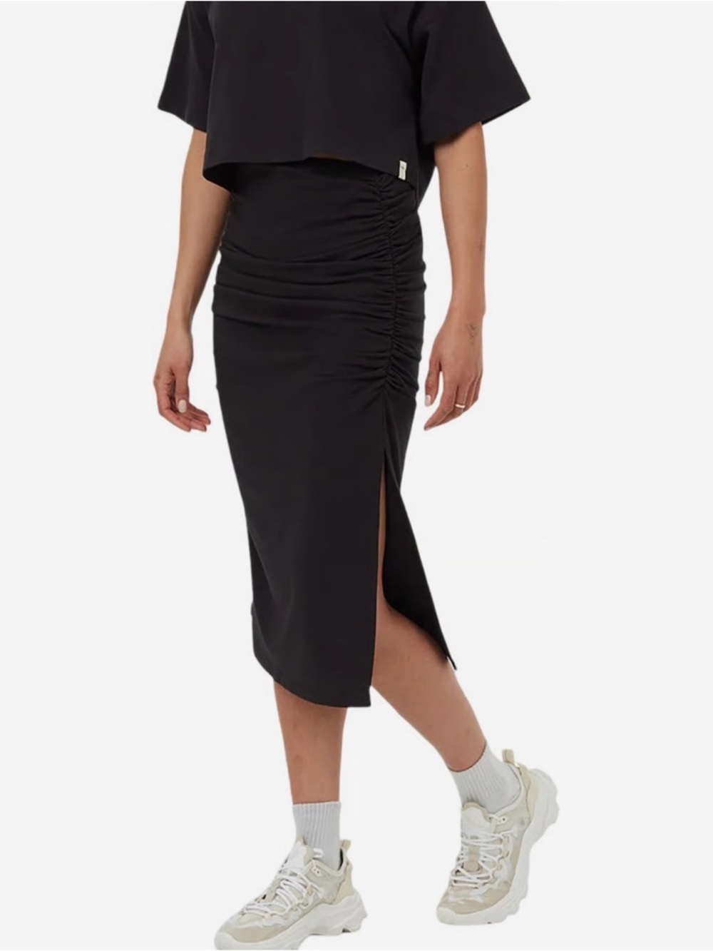 tentree Black Ruched Midi Skirt with Side Slit